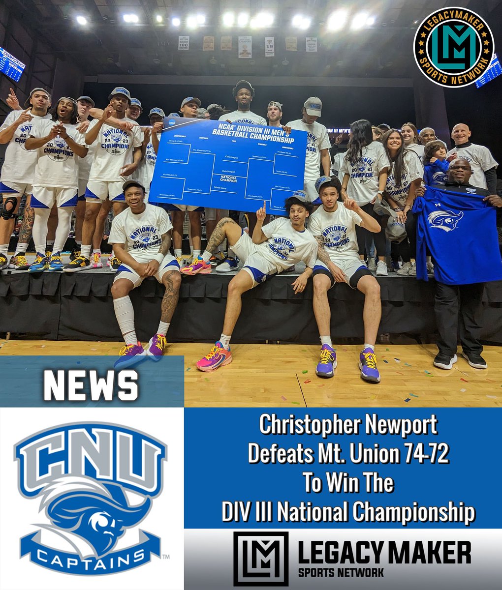 LegacyMakerSPN's tweet photo. Christopher Newport wins the Division III Men’s National Championship 74-72 over Mt. Union. Congrats to the Captains! #cnu #cnucaptains #NCAA #divison3 #legacymakersports https://t.co/6xgZTbfeKU