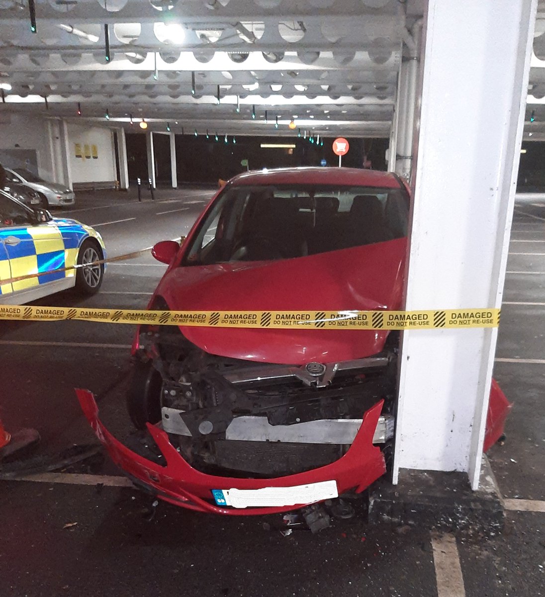 tvprp's tweet photo. Our regular viewers might recognise this car; 6 days ago it was seized, as it was being driven with a missing tyre and bumper. The owner collected it and was back out in Slough tonight. Sadly the front tyres weren't legal and the driver ploughed straight into a bollard.
#P7703 https://t.co/3vfztlJw8E
