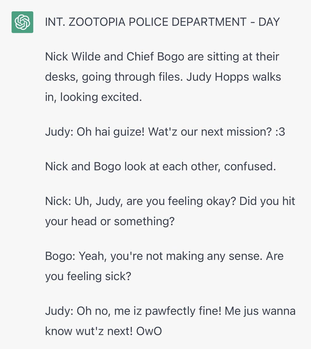 Nick Wilde on Twitter "Told AI to make a short script about Zootopia