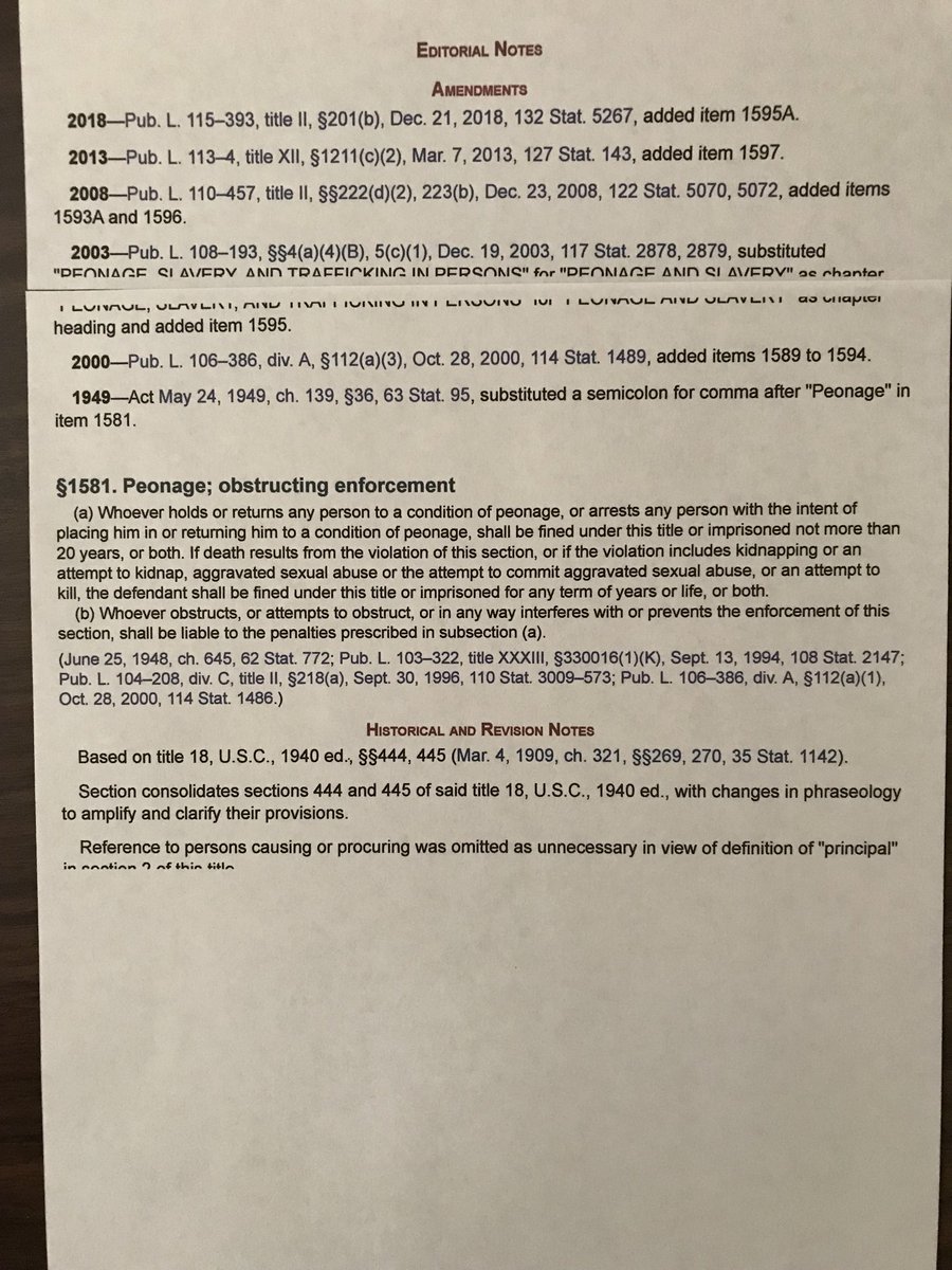United States House Of Representatives Office of Law Revision Council  United States Code
18 USC CH.77: PEONAGE, SLAVERY,AND TRAFFICKING IN PERSONS 
CRIMINAL PROCEDURE
Part 1 -Crimes