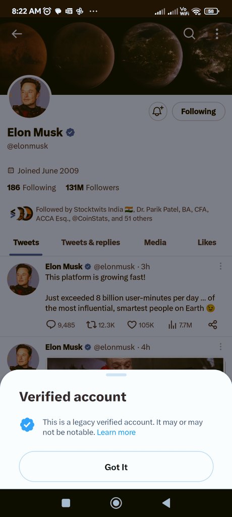 charteredamitkr's tweet photo. Even @elonmusk 's twitter account -#bluetic says-"legacy verified account. It may or may not be notable." https://t.co/o4CMxW0D36