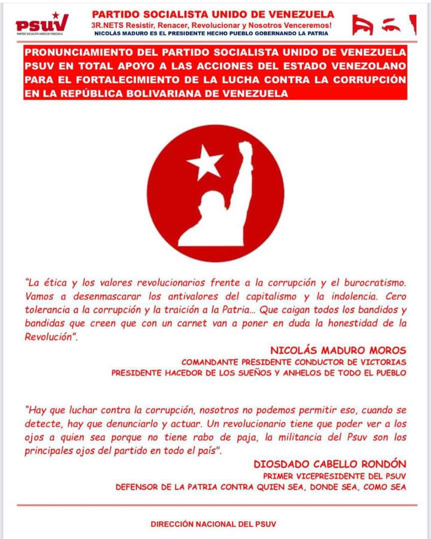 larachaconm's tweet photo. Pronunciamiento del PSUV en apoyo a las acciones del Estado venezolano para fortalecer la lucha contra la corrupción https://t.co/8C4645pRMK

@NicolasMaduro
@dcabellor 
@FidelVasquzPSUV
@FreddyBernal
#GuerraContraLaCorrupción 
@PartidoPSUV https://t.co/ajWptDpZWJ
