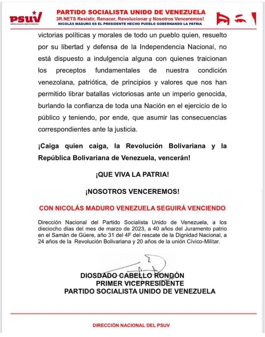 Pronunciamiento del PSUV en apoyo a las acciones del Estado venezolano para fortalecer la lucha contra la corrupción bit.ly/40mRZb7

<a href="/NicolasMaduro/">Nicolás Maduro</a>
<a href="/dcabellor/">Diosdado Cabello R</a> 
<a href="/FidelVasquzPSUV/">FIDEL E. VASQUEZ I.</a>
<a href="/FreddyBernal/">Freddy Bernal</a>
#GuerraContraLaCorrupción 
<a href="/PartidoPSUV/">PSUV</a>