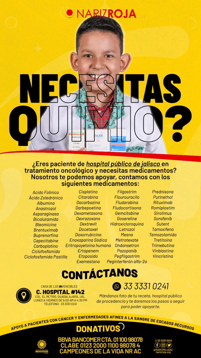 NARIZROJAAC's tweet photo. #NecesitasQuimio eres paciente en tratamiento oncológico en Jalisco nosotros podemos ayudar #Etiqueta #RT para que llegue a quien lo necesite https://t.co/Le4JkuGJQR
