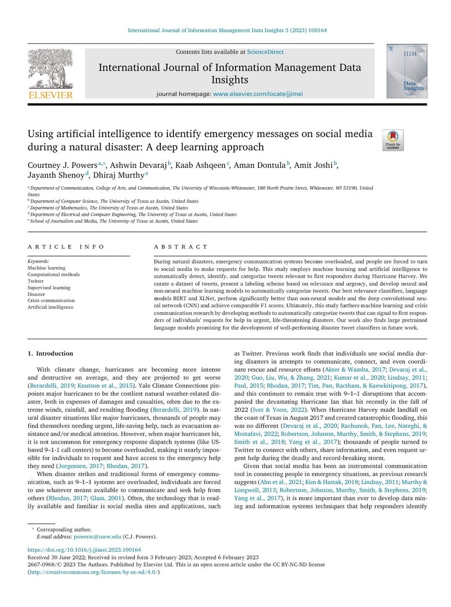 BusiFrontiers's tweet photo. Using #ArtificialIntelligence to identify emergency messages on #socialmedia during a natural disaster: A deep learning approach
https://t.co/uiqstykiCu
 #MachineLearning #DisasterManagement #smartcities #OpenAccess #Research https://t.co/H5ceZ1e6Gs