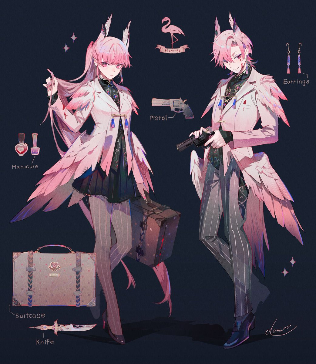 1boy pink hair 1girl gun weapon handgun pink eyes  illustration images