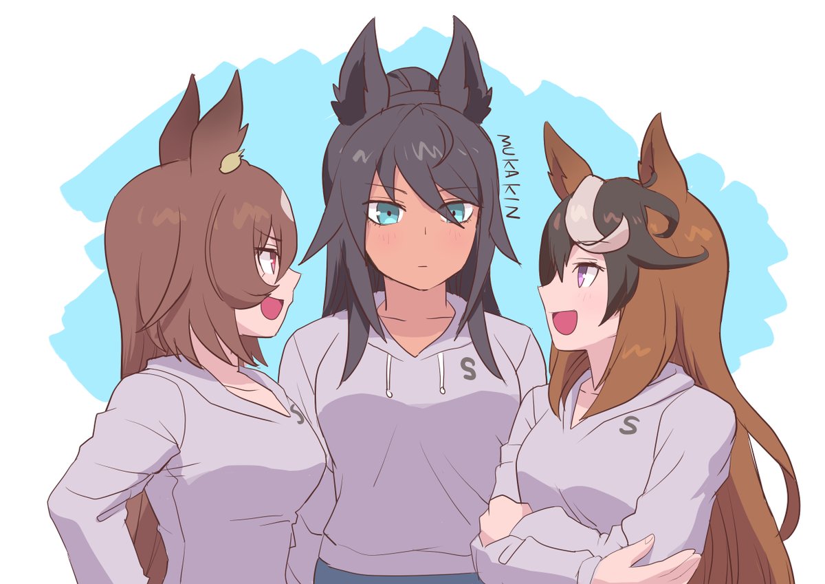 symboli rudolf (umamusume) multiple girls 3girls animal ears horse ears brown hair long hair hood  illustration images