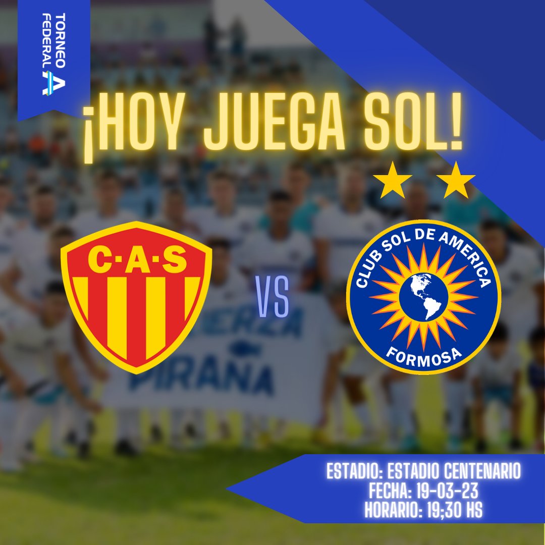 ¡HOY JUEGA SOL!
💙 De visitante frente a Sarmiento, en el estadio Centenario de Chaco, por la 2da fecha del Torneo Federal A 2023.
#DaleSol #SomosFormosa #ElUnicoGrande #Formosa