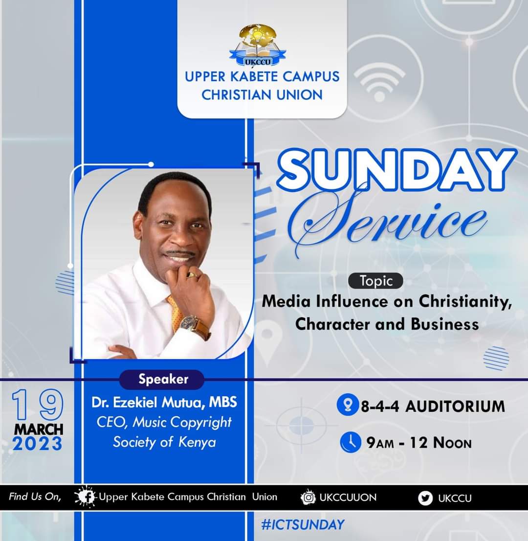 EzekielMutua's tweet photo. Will be speaking at the @uonbi Upper Kabete Campus Christian Union Sunday Service this morning on "The Place and Role of Media in Promoting Christian values." Proper use of media platforms including the internet is key in propagating Christian values in the marketplace. https://t.co/Xbjr9TfCvA
