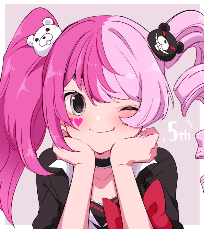 enoshima junko 1girl one eye closed twintails smile choker solo pink hair  illustration images