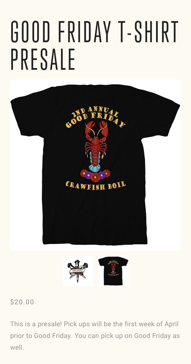 🚨LIMITED EDITION MERCH DROP🚨 2nd Annual Good Friday Crawfish Boil T-shirts available for limited pre-sale on our website for $20 each. Visit helbergbarbecue.com/store to order yours while supplies last!