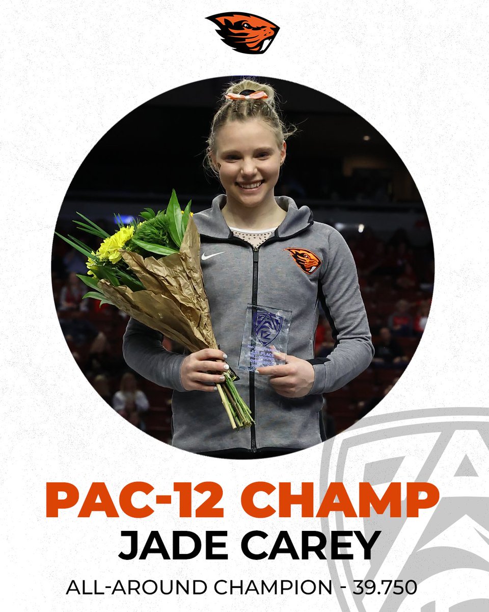 pac12's tweet photo. 𝐏𝐀𝐂-𝟏𝟐 𝐂𝐇𝐀𝐌𝐏𝐈𝐎𝐍 🏆

Jade Carey claims the #Pac12Gym all-around title! https://t.co/uBInOGCz05