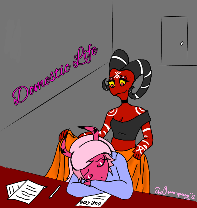 DeamonQueen21's tweet photo. Final Contribution to #VerbieWeek2023
Day 7: Domestic Life
🥰🥰Verosika falls asleep writing her new song, and Barbie is there to care of her.🥰🥰🥰
#Verbie #VerosikaMayday #BarbieWire #HelluvaBossFanart https://t.co/5291dyhQlQ