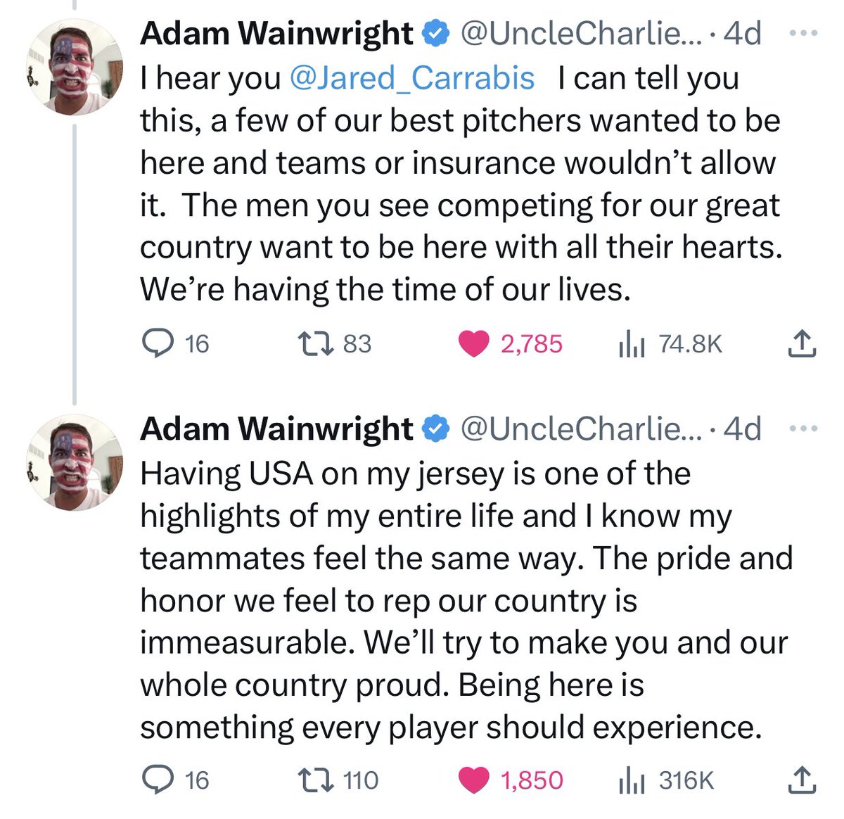 Jared_Carrabis's tweet photo. Adam Wainwright starts for Team USA on Sunday night. Here’s what he said to me about how much being on this team means to him. https://t.co/A75iVIn2CA