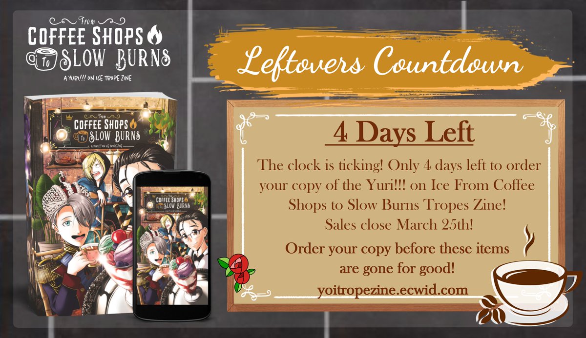 📢LEFTOVER SALES OPEN! 

If you missed the #YuriOnIce Trope Zine preorders, you can pick up a copy until March 25th!!

The zine, PDF, and merch add-ons are for sale, and all physical bundles come with a limited edition print of our cover art! 

☕STORE▶ yoitropezine.ecwid.com