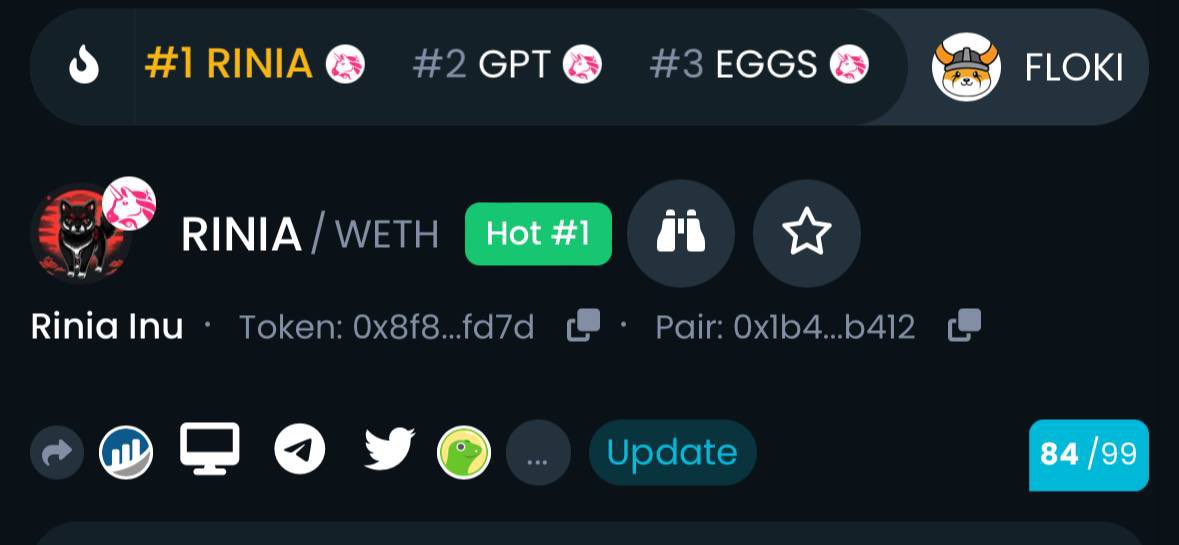♦️ Rinia Inu is now trending #1 on <a href="/DEXToolsApp/">DEXTools</a> ♦️

♦️ The $RINIA community won’t stop until we’re the #1 memecoin

 Come join the Rinia Inu movement. We’re just getting started..

t.me/RiniaPortal