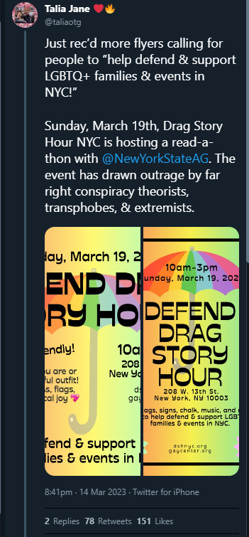 RealBrucePepe's tweet photo. Antifa Foot Soldier Posted Digital Flyer Calling For Action To Comrades In New York To Rally On March 19, 2023.. For Protecting Pedo Infested Drag Story Hour

#NewYork https://t.co/wcArqXGreK