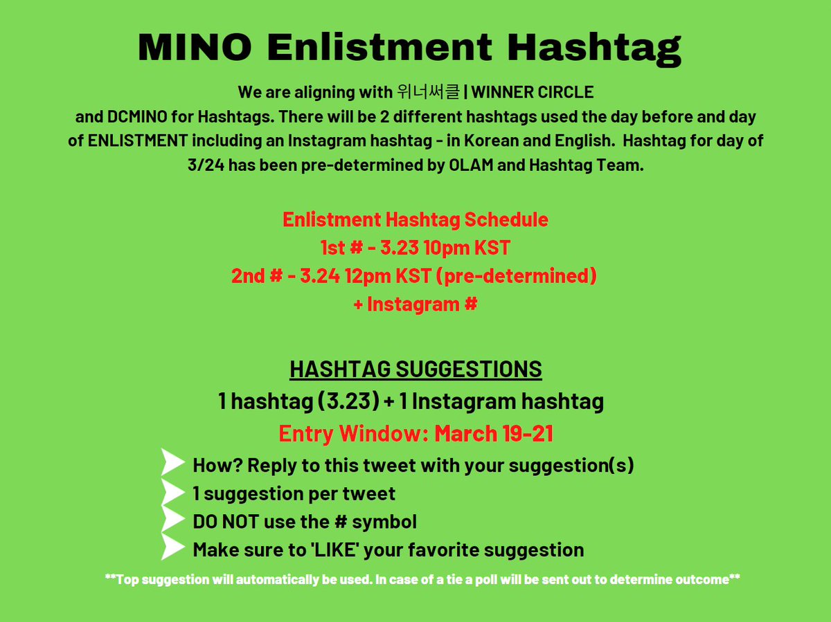 OnlyLookAtMino's tweet photo. [‼] MINO Enlistment Hashtag 
Please submit hashtag suggestions for day before enlistment 3.23 and IG

▪️ Leave your SUGGESTIONS in the replies
▪️ 1 suggestion per tweet
▪️ Do not use #
▪️ LIKE your favorite suggestions😉

🗓️Schedule
#⃣ 3.23 10pm KST
#⃣3.24 12pm KST (noon)

#MINO https://t.co/ReTzdqxK7S