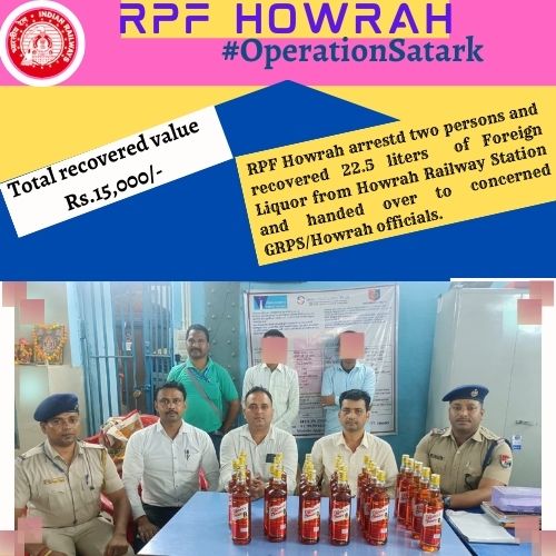 rpferhwh's tweet photo. @ErRpf @RPF_INDIA #Operatiosatark
RPF Howrah arrested two persons and recovered 22.5 liters of Foreign Liquor from Howrah Railway Station and handed over to concerned GRPS/Howrah officials. https://t.co/NukC1LPPZz