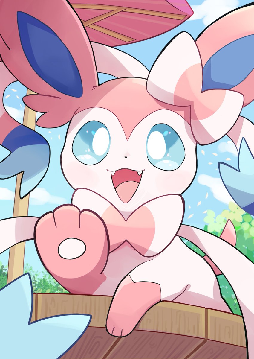 sylveon no humans pokemon (creature) open mouth solo fangs outdoors day  illustration images