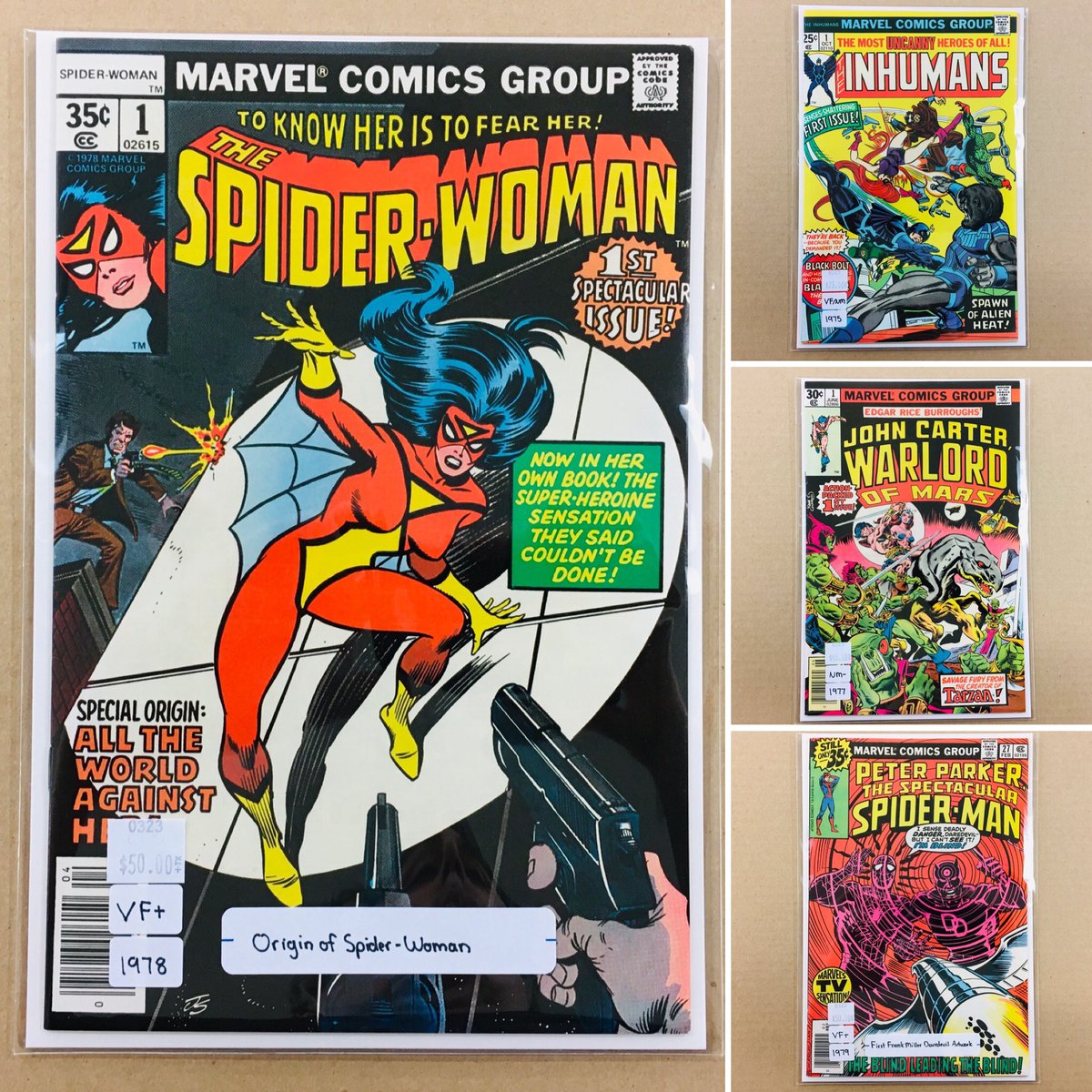CosmicComicsLV's tweet image. #Marvel #BronzeAge added to the case.  The #FirstIssue of #SpiderWoman #TheInhumans &amp;amp; #JohnCarter #WarlordOfMars.  And the 1st #FrankMiller artwork on #Daredevil in #PeterParker #SpectacularSpiderMan.