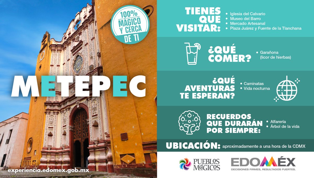 Disfruta con tu familia o amigos de los #PueblosMágicosEdoméx. Recorre las calles de
#Metepec, disfruta de la tradición alfarera y lleva a casa una artesanía.
#ExperienciaEdoméx
Más detalles en experiencia.edomex.gob.mx