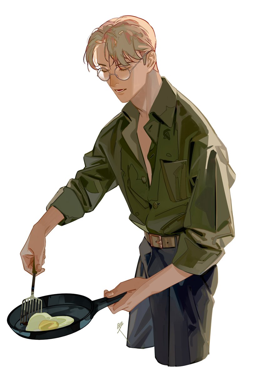 1boy frying pan male focus solo glasses shirt holding  illustration images