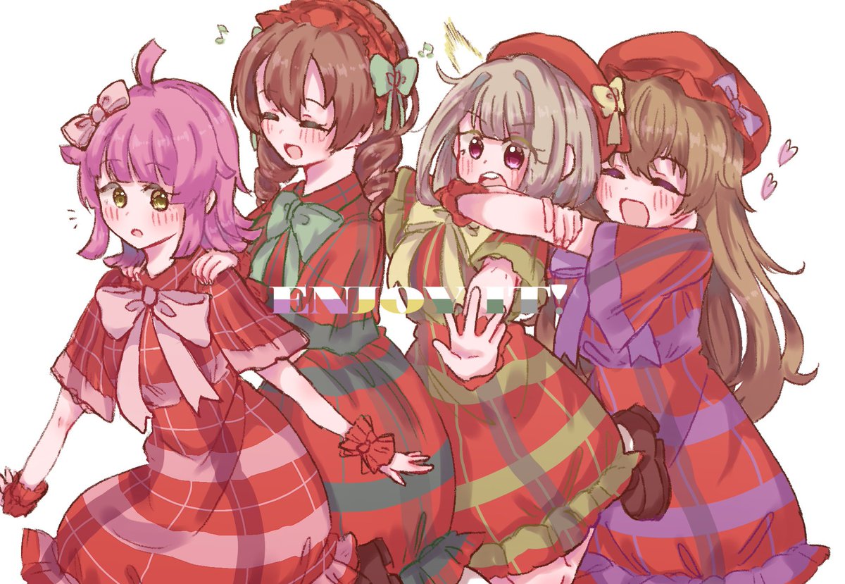 nakasu kasumi ,tennouji rina multiple girls 4girls pink hair brown hair dress long hair hat  illustration images