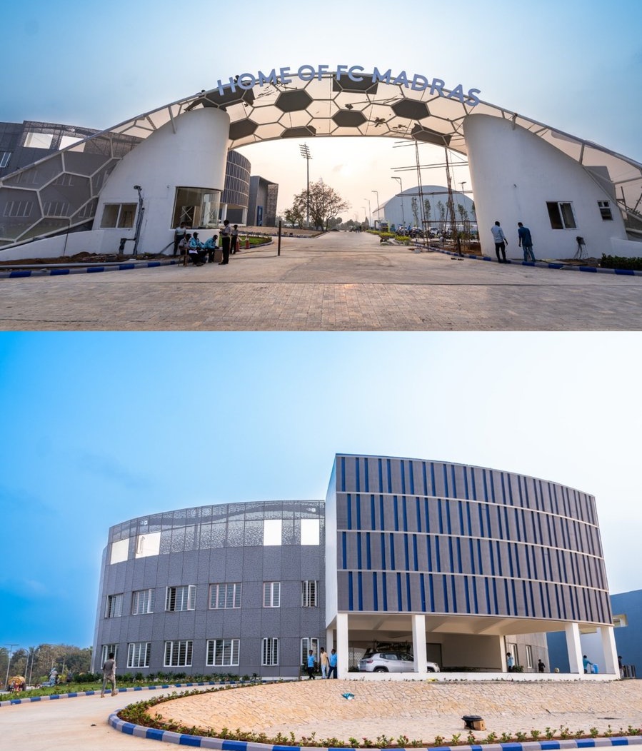 updates_tn's tweet photo. FC Madras inaugurated their new world-class Football Center called the "Home of FC Madras" in Mahabalipuram.  The 23 acre integrated campus houses state-of-the-art floodlight Football pitches, international standard Futsal pitch, 6-lane Swimming pool etc. #Chennai https://t.co/3GmJ7MSPN5