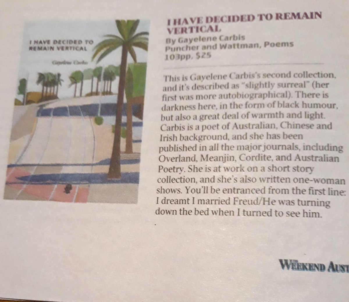 Thank you to Caroline Overington for including my book in her Notable Books in the Weekend Australian!