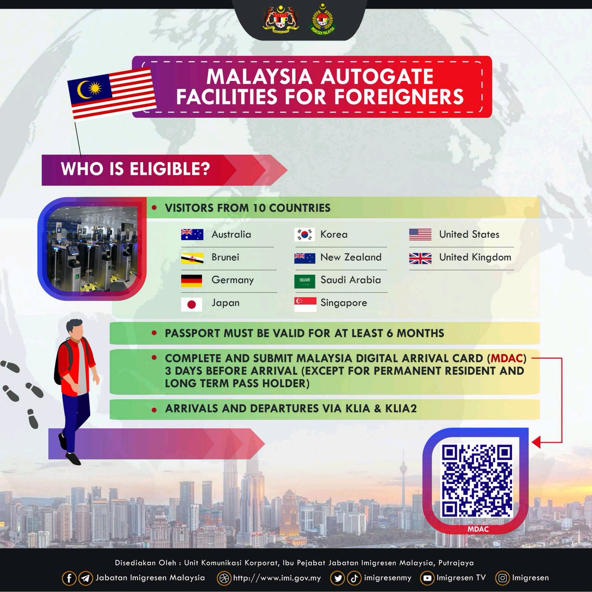 imigresenmy's tweet photo. MALAYSIA AUTOGATE FACILITIES FOR FOREIGNERS 

🔵 Malaysia Digital Arrival Card (MDAC) ➡️ https://t.co/QBodTdaTXD

#MalaysiaMADANI #KDNMADANI #imigresen #jim

Jom Ikuti Media Sosial Rasmi Jabatan Imigresen Malaysia (JIM)
➡️ https://t.co/4W2bb4XoGI https://t.co/kqfLC82Fdc