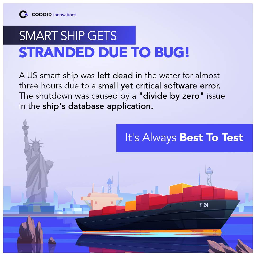 codoid's tweet image. Smart Ship gets Stranded due to Bug!
A US smart ship was left dead in the water for almost three hours due to a small yet critical software error. The shutdown was caused by a divide by zero issue
It's Always Best To Test
#codoid #alwaysbesttotest #softwareerror #dividebyzero