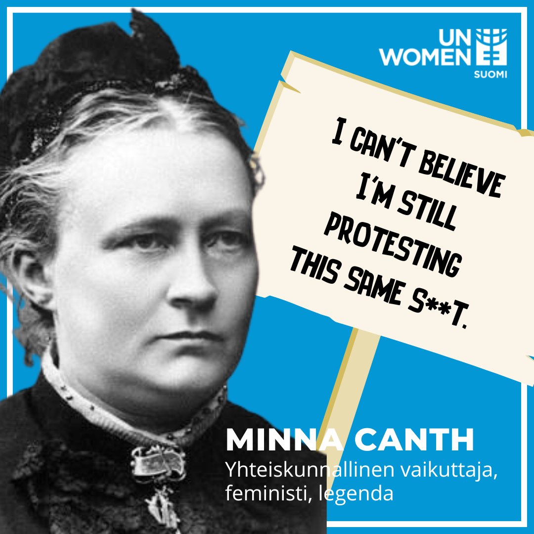 Minna Canthin syntymästä on 179 vuotta, mutta tasa-arvoinen maailma on vielä varsin kaukana. Vähemmästäkin turhautuu.

Varmistetaan, ettei yhdenkään sukupolven tarvitse enää kantaa tätä kylttiä. Hyvää Minna Canthin ja tasa-arvon päivää kaikille!

unwomen.fi/liity-jaseneks…