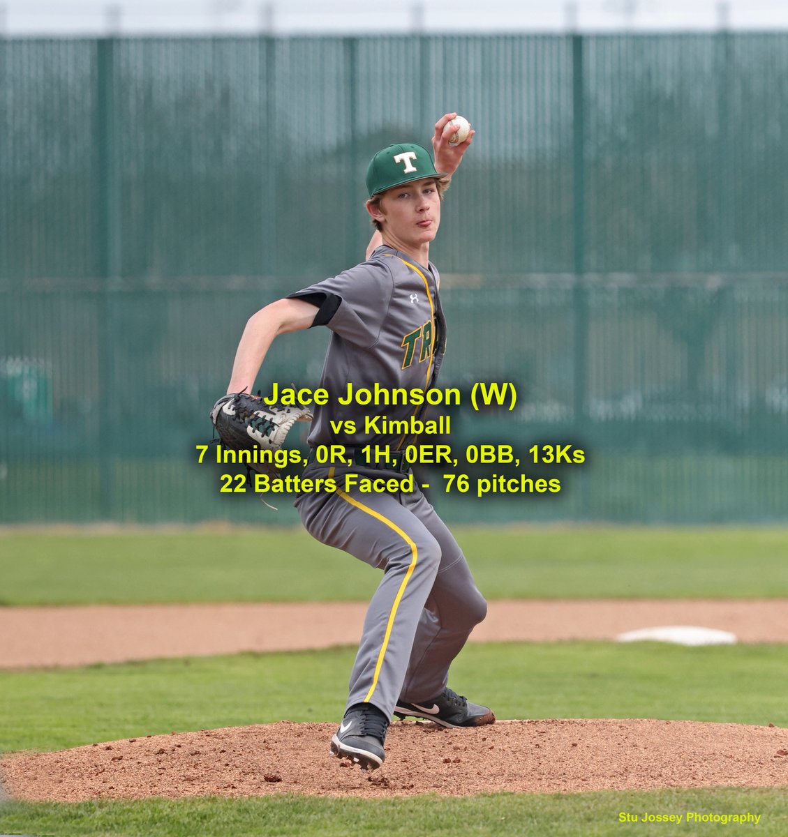 Soph Jace Johnson was 2 outs away from a perfect game vs Kimball on Sat.  In the end he gave up 1 hit and faced 22 batters in the full 7 innings.  Tracy remains undefeated in the early season as a tough league schedule is just a week away.  tracyhighbaseball.com  <a href="/209baseball/">209Baseball</a>