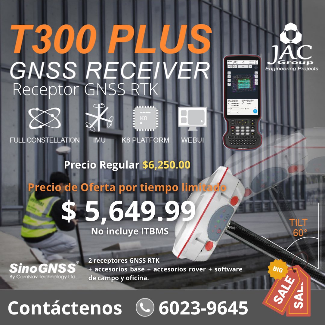 JACEngineering's tweet photo. Aprovecha el precio de los Receptores T300 Plus GNSS RTK de calidad SinoGNSS. Todas las constelaciones. IMU 60 Grados. Controlador R60. Accesorios Base y Rover. Survey Master y SinoGNSS Compas Solution. IP 67. 8 GB memoria interna. Diseño compacto. Compatible con otras marcas. https://t.co/HTVOocU1K1