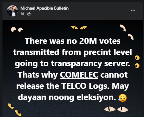 IT_IS_ME3656's tweet photo. There was no 20M votes transmitted from precint level going to transparancy server. Thats why COMELEC cannot release the TELCO Logs. May dayaan noong eleksiyon. 😥 @YsaacFranklin  @whereisNANIE  @jpsangs 

@COMELEC @SCPh_PIO 

@HActivist_Revo  @AnonOpsSE https://t.co/W7EGnq9uA0
