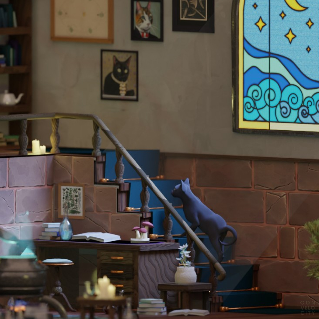 convelocity's tweet photo. A cat wizard doll house #Blender3d https://t.co/RkOksU7tYT