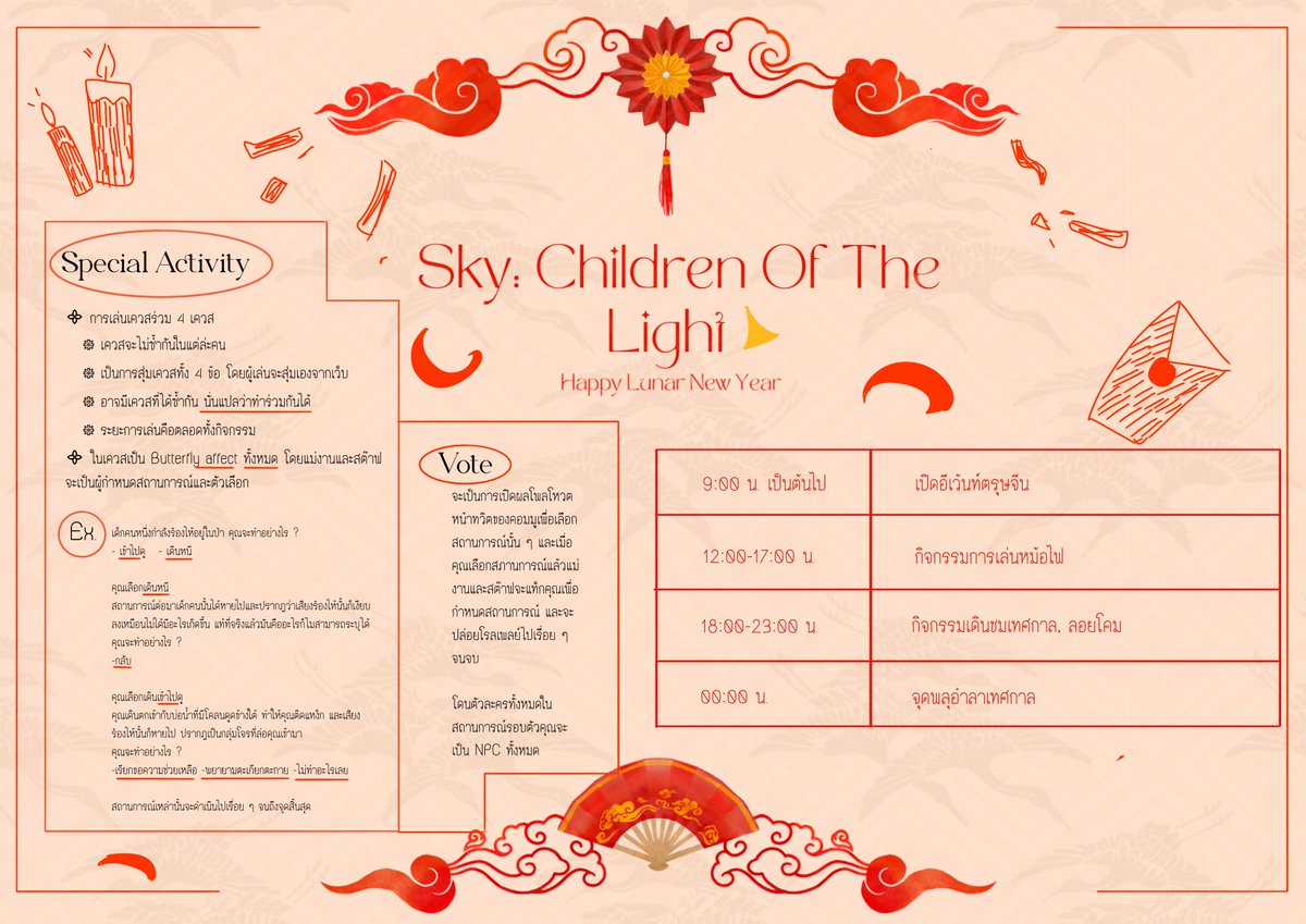 SKYCOTL_commu's tweet photo. 🏮 – เทศกาลตรุษจีน 

ในวันพรุ่งนี้เป็นเวลา 9 โมงตะมีการนำดอคอีเว้นท์ถึงรายละเอียดของกิจกรรมมาให้ได้ชม ตอนนี้เราได้ทำการกำหนดเวลาและกิจกรรมเรียบร้อยแล้ว อ่านลายละเอียดคร่าว ๆ ได้ที่หน้านี้ 🎊

อย่าลืมแจกอั่งเปาให้กันและกันด้วยล่ะ 🧧

⁂ หมายเหตุ กิจกรรมสามารถร่วมเล่นได้ทุกเผ่า https://t.co/9wBTbwoqSb