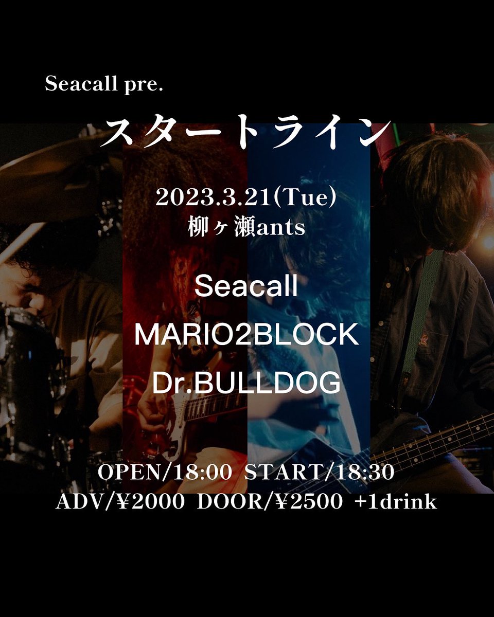 seacall_0517's tweet photo. 【💥明後日💥】

Seacall pre. スタートライン

2023.3.21(Tue)
@柳ヶ瀬ants

Seacall
MARIO2BLOCK
Dr.BULLDOG

OPEN/18:00 START/18:30
ADV/¥2000 DOOR/¥2500 +1drink

取置きまだできます！！ https://t.co/hLNMWNVIy0