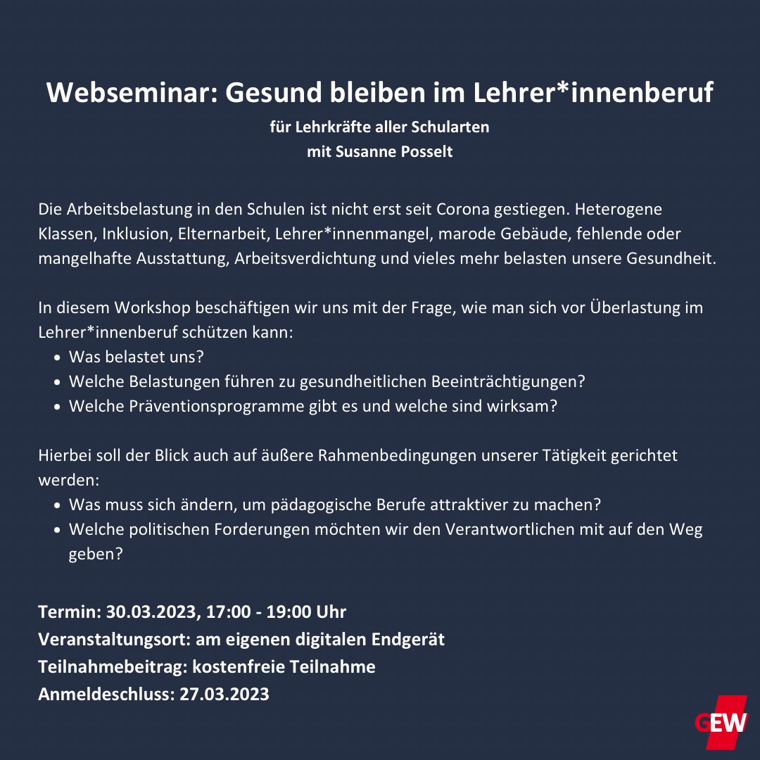 👩🏻‍🏫👨🏼‍🏫 Lehrer*in in #EduBW ? 

🤔 Du möchtest wissen, wie du dich vor Überlastung schützen kannst? Du möchtest dich austauschen? 💬

<a href="/susanneposselt/">Susanne Posselt • #EduBW</a> berichtet über Präventionsprogramme und Arbeits- und Gesundheitsschutz für Lehrkräfte in Baden-Württemberg. 

gew-bw.de/veranstaltunge…