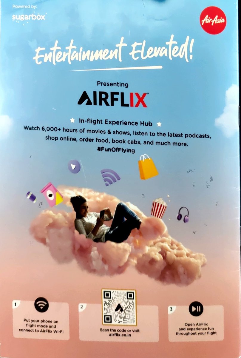 @AirAsiaIndia has an in-flight entertainment service called AIRFLIX

The service is simple and non complicated.

Does not need an app. 

A review 🧵