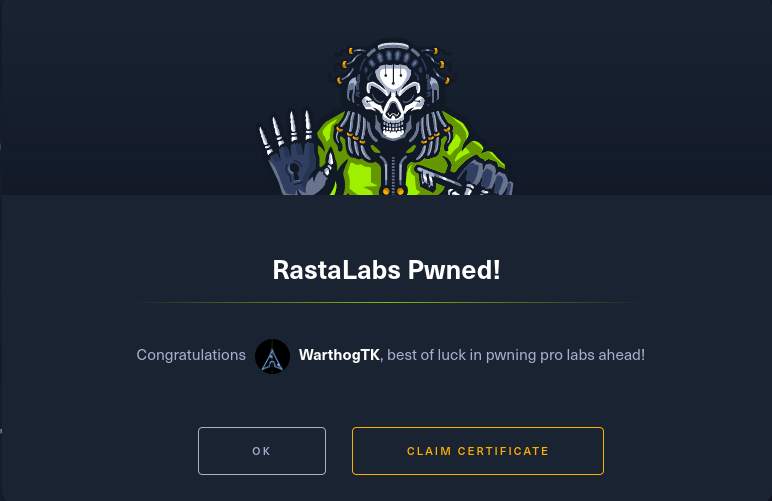 warthogtk's tweet photo. Iโm happy to share that Iโve finished a new HTP Pro Labs - RastaLabs from @hackthebox_eu
#pentest #PenetrationTesting #cybersecurity #activedirectory #AVEvasion #Phishing #Pivoting #FirewallBypass https://t.co/lOQWPGtl5u