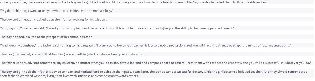 I asked ChatGPT to "tell me a story about a boy and a girl choosing their careers". The boy became a "successful doctor", the girl a "beloved teacher". So... same old same old. #biasinmotion 1/3