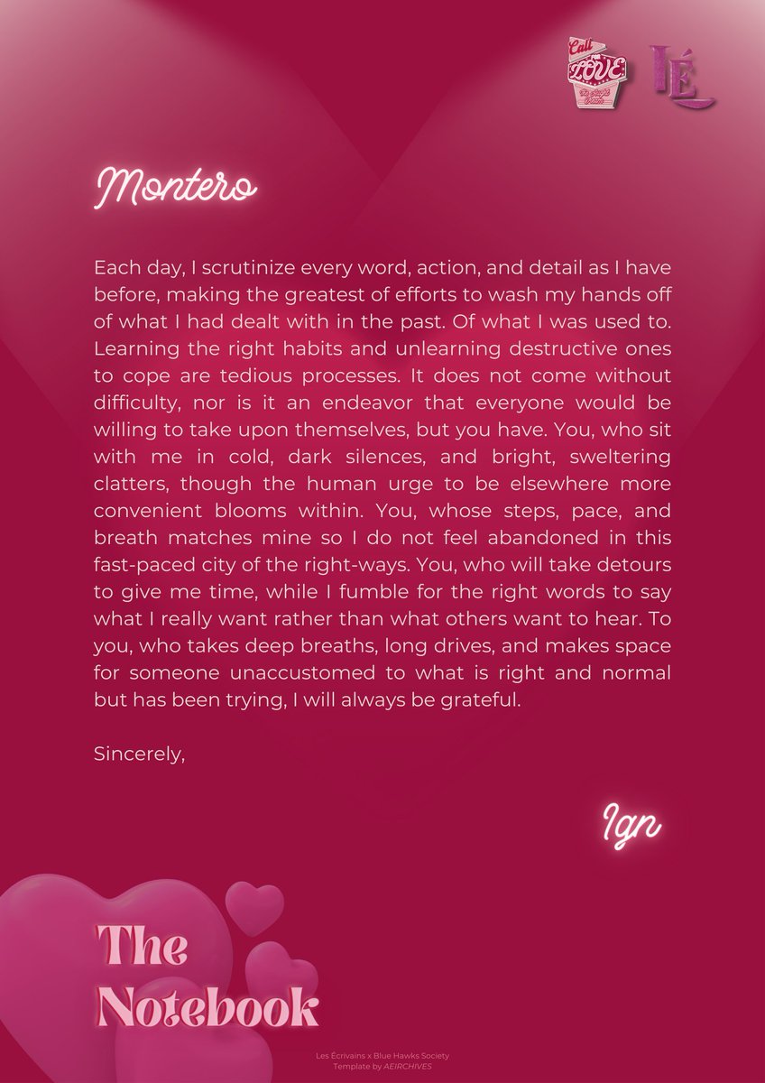 LESECRIVAINS_RP's tweet photo. ㅤ
°•.•THE NOTEBOOK!•.•°
A LÉtter has been sent to you, @rivaldays!
Here's a memoir of love from me,
Ign.
✎ by: OSCURO
#CallForLove
#2000sGetawayDream
#MemoirsOfLove
#LÉNotebook
ㅤ https://t.co/5hN2subXe1