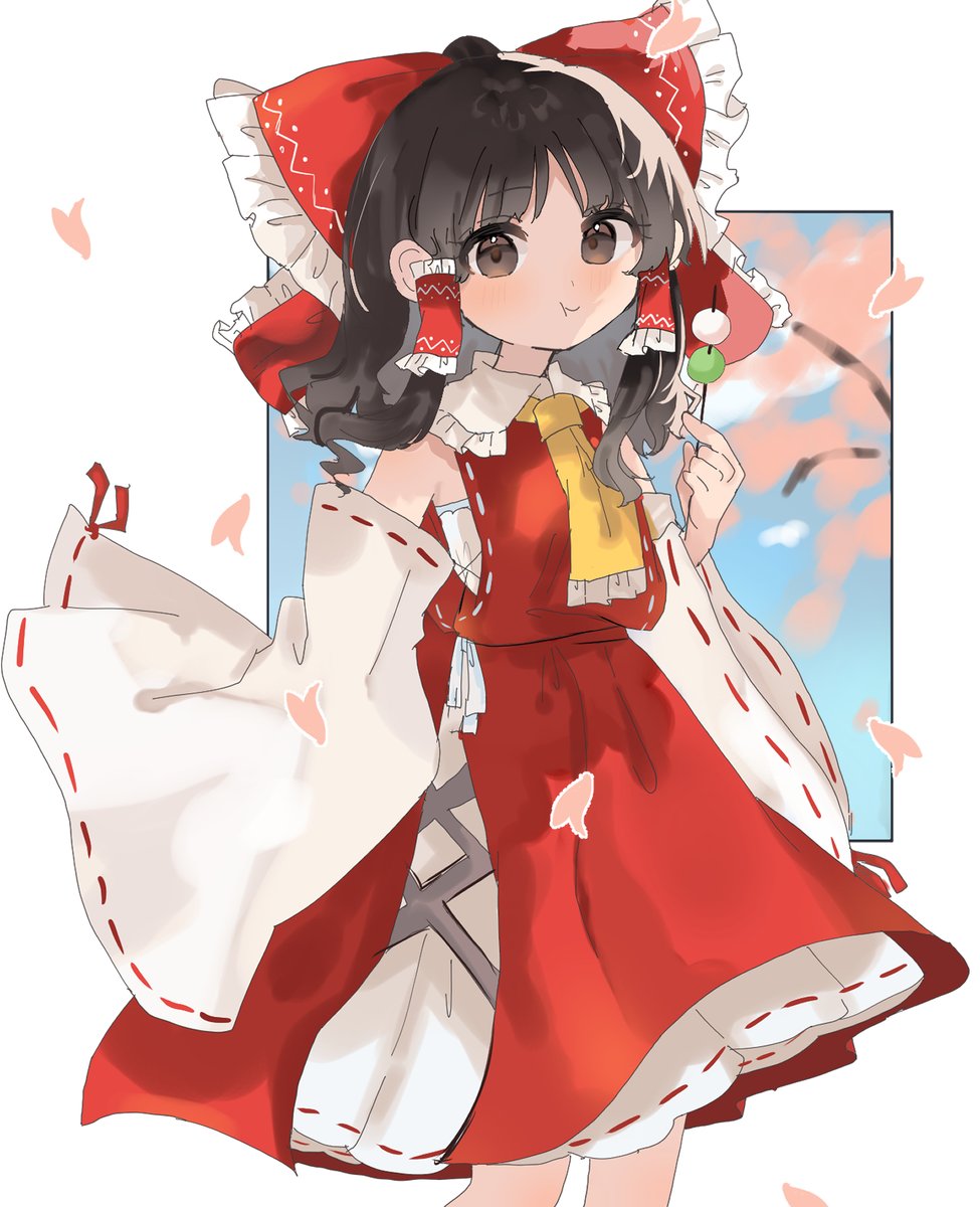 hakurei reimu 1girl solo red bow bow food hair tubes ascot  illustration images