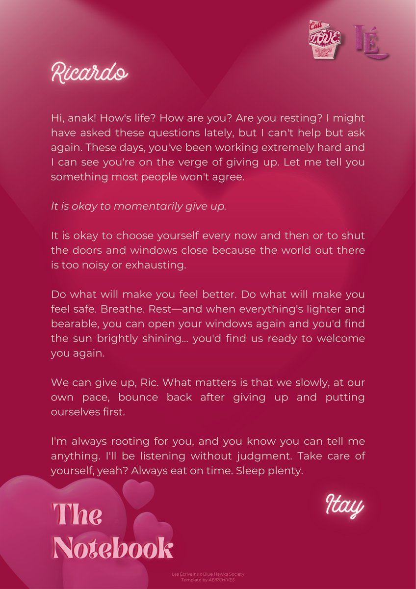 LESECRIVAINS_RP's tweet photo. ㅤ
°•.•THE NOTEBOOK!•.•°
A LÉtter has been sent to you, @vonagathos!
Here's a memoir of love from me,
Itay/Mayor/Harbi.
✎ by: Yv Rhae
#CallForLove
#2000sGetawayDream
#MemoirsOfLove
#LÉNotebook
ㅤ https://t.co/FuaJJjgK3Q