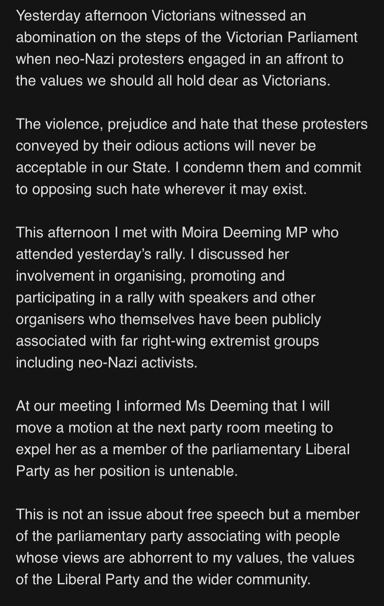 VIC Opposition Leader John Pesutto moved to expel MP Moira Deeming from the party room for her involvement in yesterday’s protest at parliament. <a href="/abcmelbourne/">ABC Melbourne</a> #springst 
She won the upper house spot vacated by Bernie Finn who was also expelled from the Libs party room