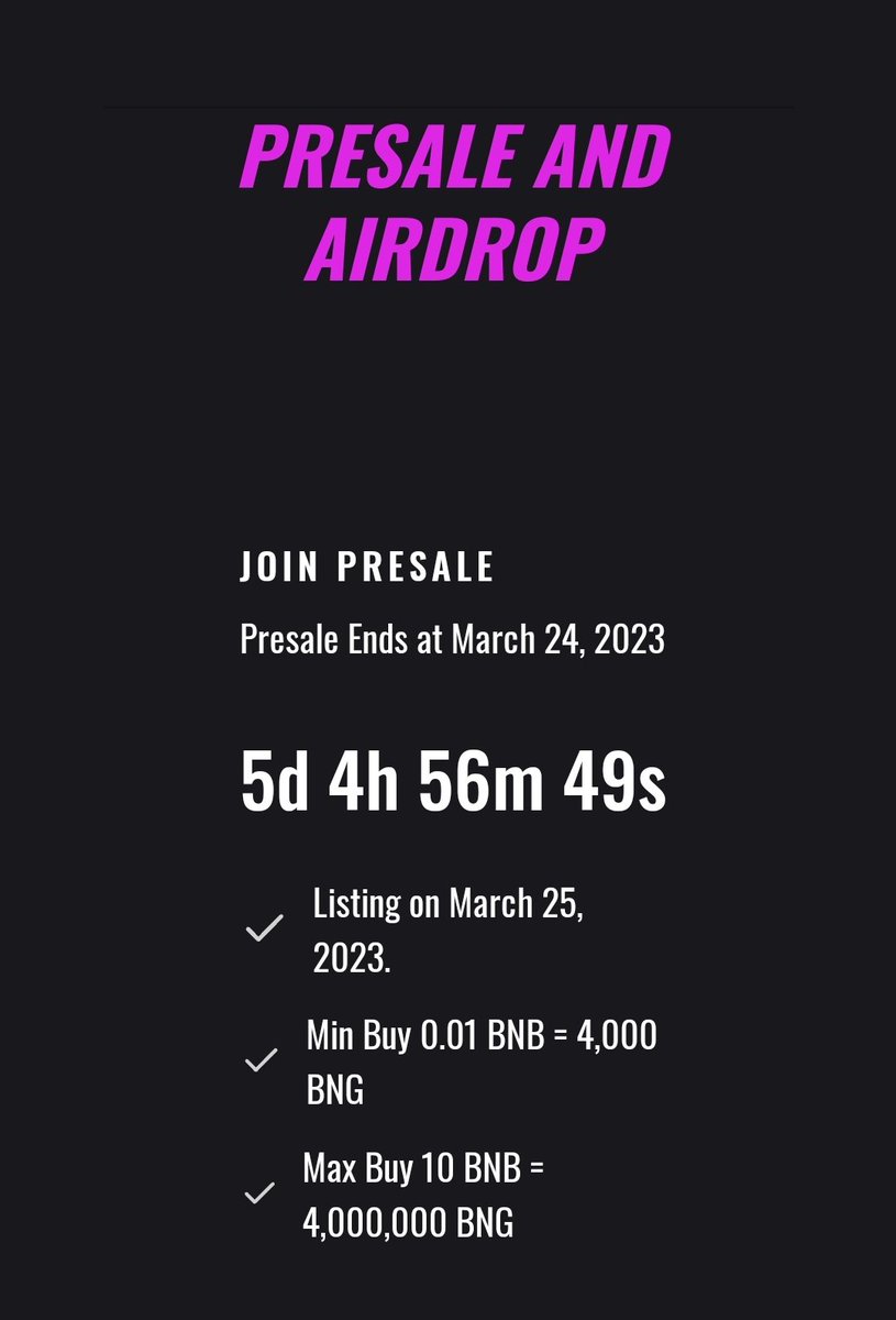 🚨 5 Days Left for $BNG Airdrop 🚨

🎁 1000 Participants will Get $250,000.00 Worth of BNBG and #BNB   

💎 Listing Price 1 $BNG = 0.87 USD

 CLAIM 1,500 $BNBG : bgtok.network/?ref=0xd6D40f7…

✅ Copy and paste this link on your dapp
⏰ Presale Ends at March 24, 2023