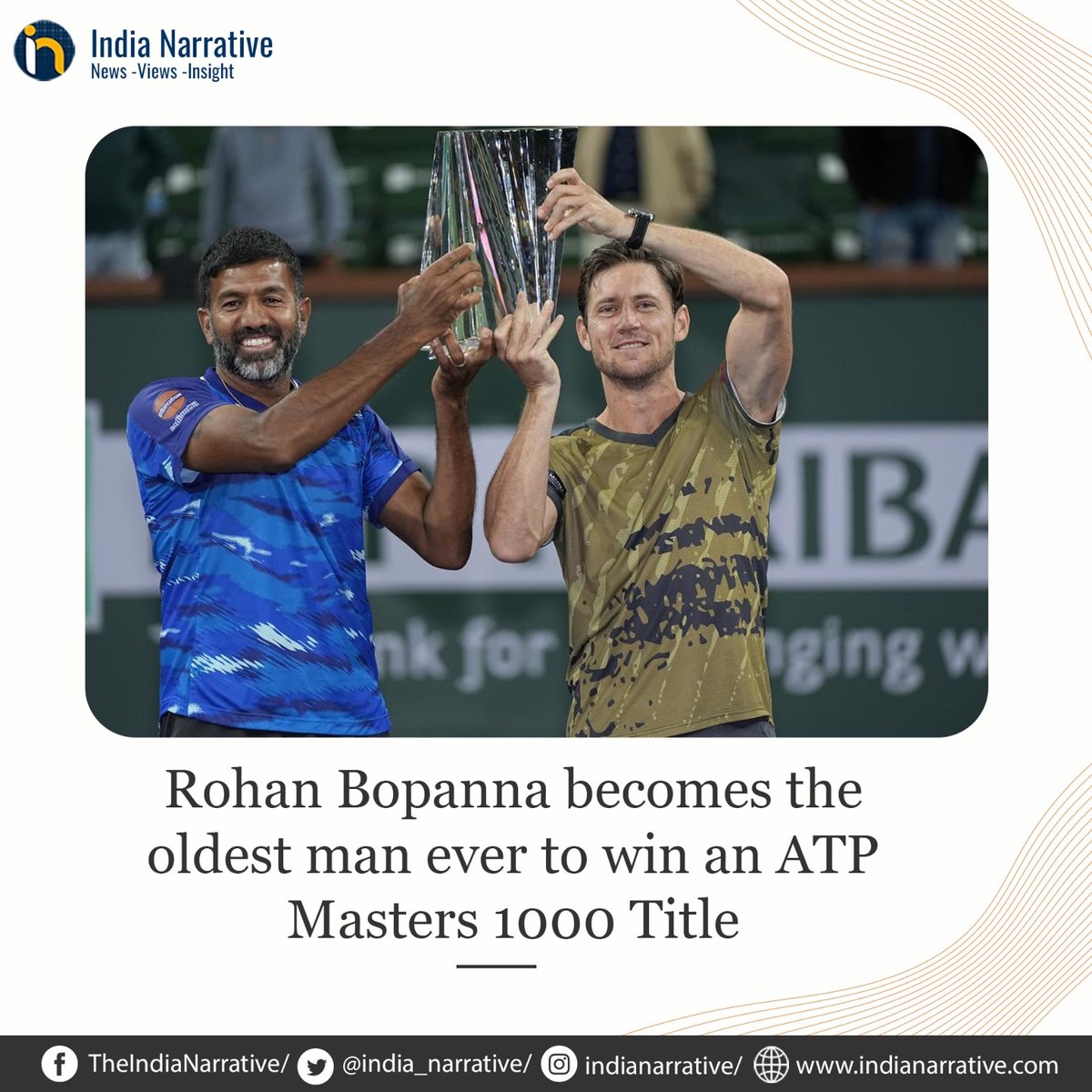 Title No. 24 & 5th Masters title for 43-year-old @rohanbopanna

🇮🇳's ace tennis player and his 🇦🇺's partner @mattebden win the men's doubles title at #IndianWellsMasters 

The pair defeated the duo of Dutchman Wesley Koolhof and Briton Neal Skupski 6-3, 2-6, 10-8 in the final