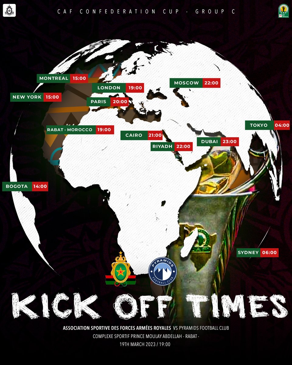 ASFAR_Officiel's tweet photo. 🟢⚫🔴 19:00 GMT 🕖
توقيت مباراتنا ضد نادي بيراميدز المصري عبر العالم 🌍
#asfarofficiel
#cafconfederationcup
#cafcup
#kickofftimes https://t.co/tfXtiGhxpN